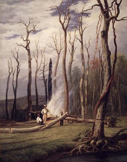 unknow artist Spring Burning Trees in a Girdled Clearing Western Scene oil painting picture